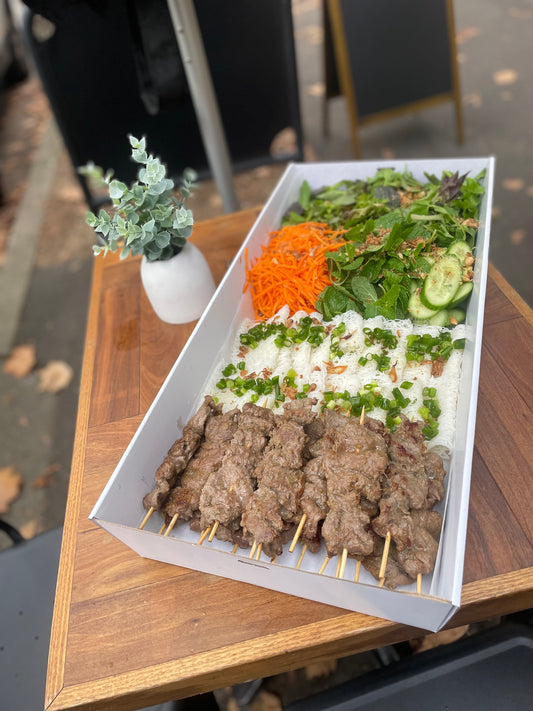 Vietnamese lemongrass beef skewers and noodle salad box Sydney Catering