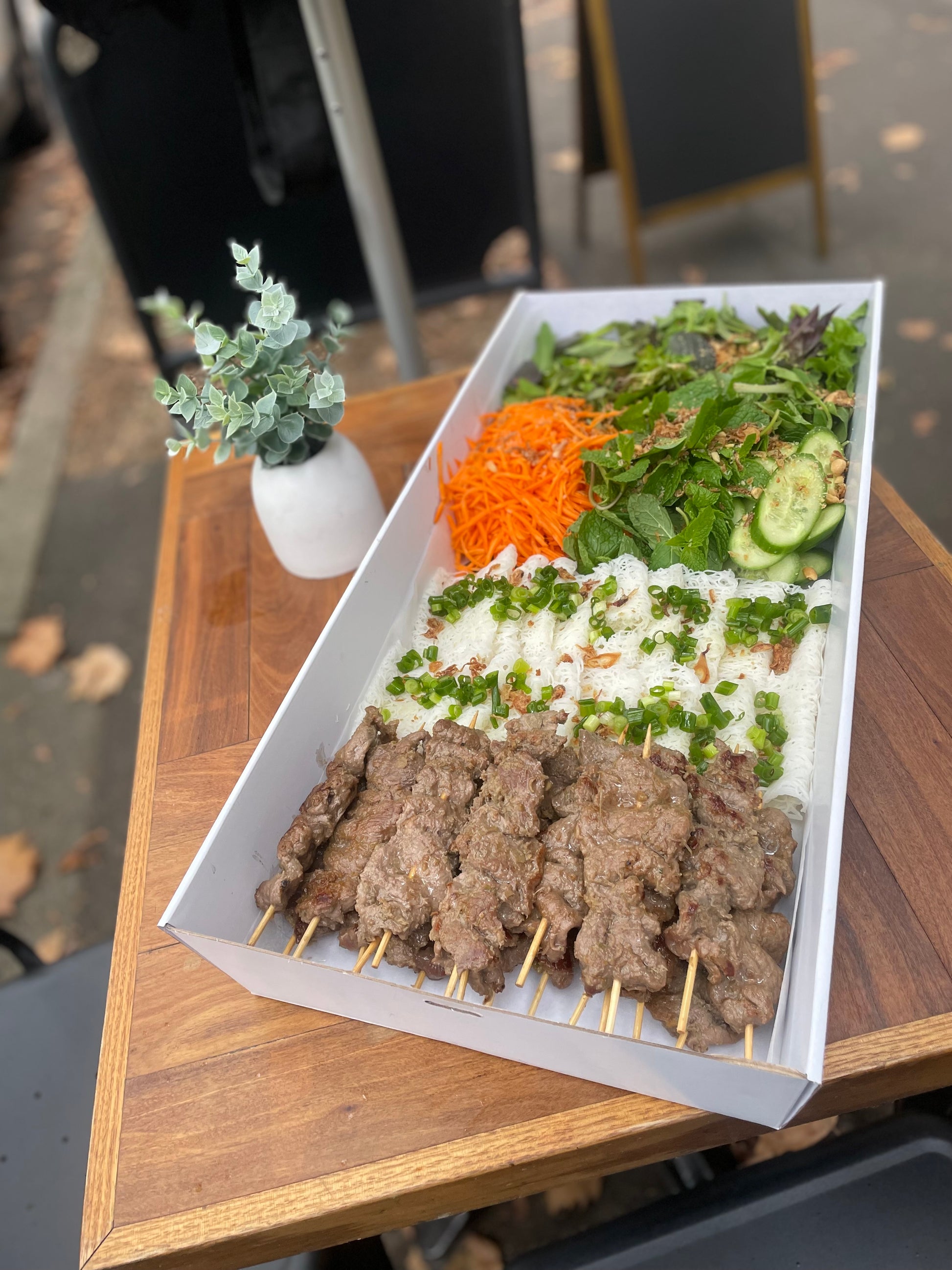 Vietnamese lemongrass beef skewers and noodle salad box Sydney Catering
